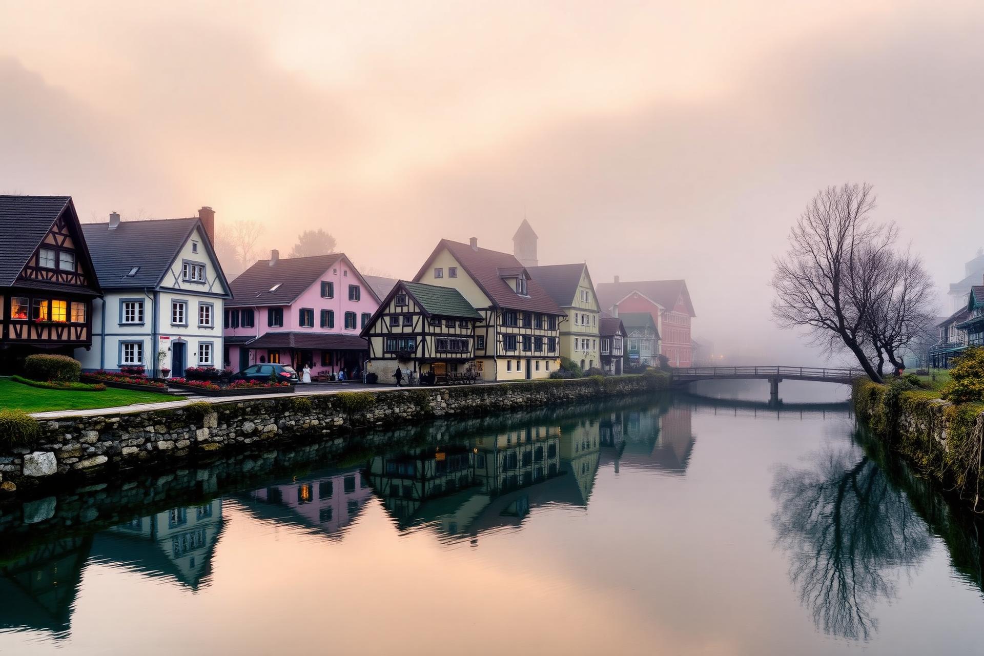 Misty European village at dawn